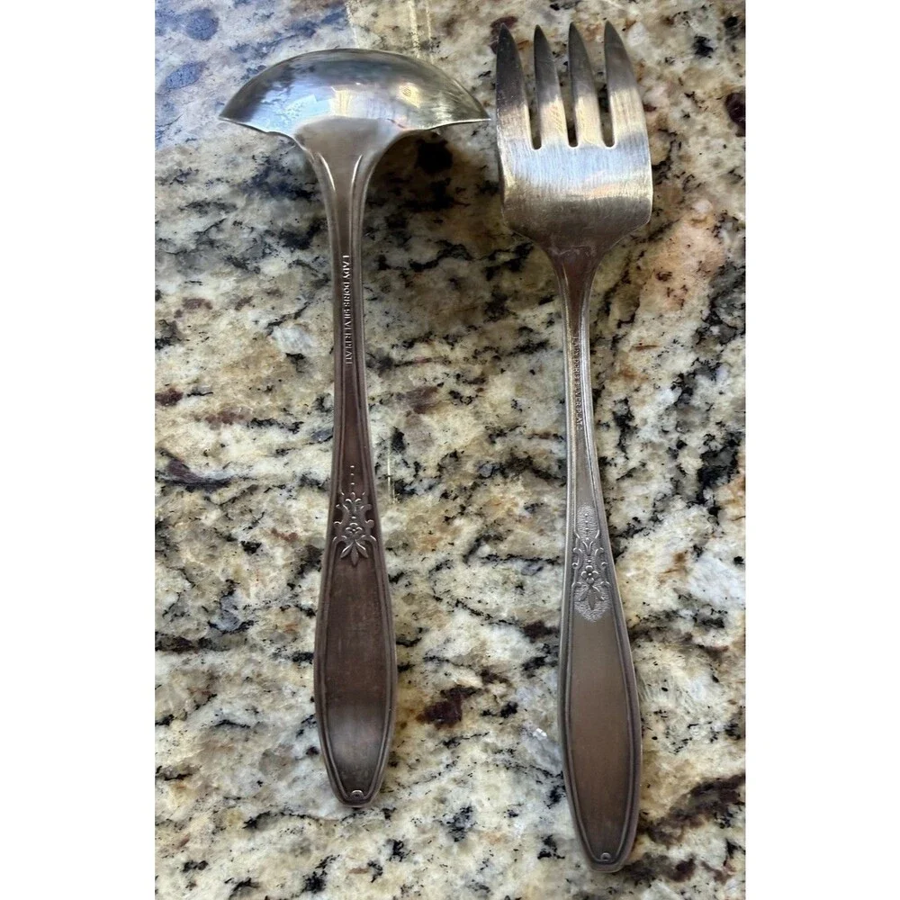 1929 Lady Doris Princess Silver Plate Gravy Ladle Meat Fork Antique WM Rogers